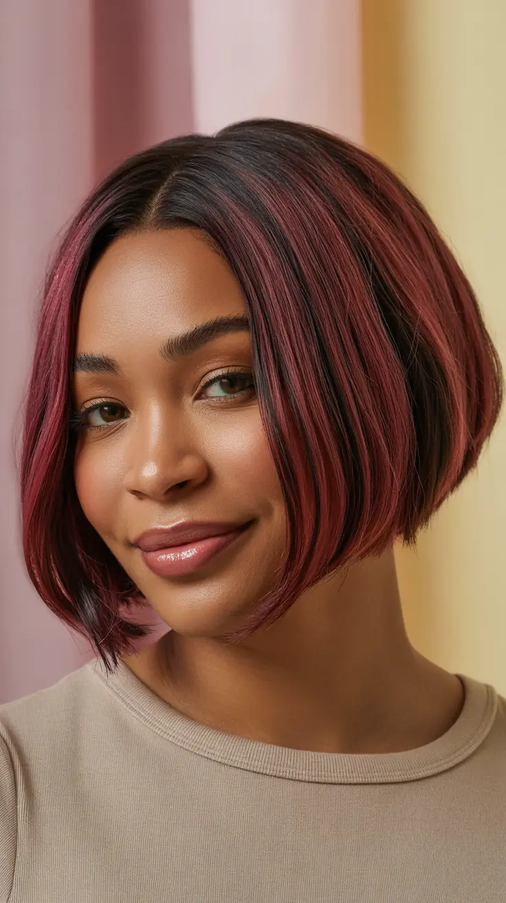 trendy spring hair color for dark skin 2026 Mulberry Bob