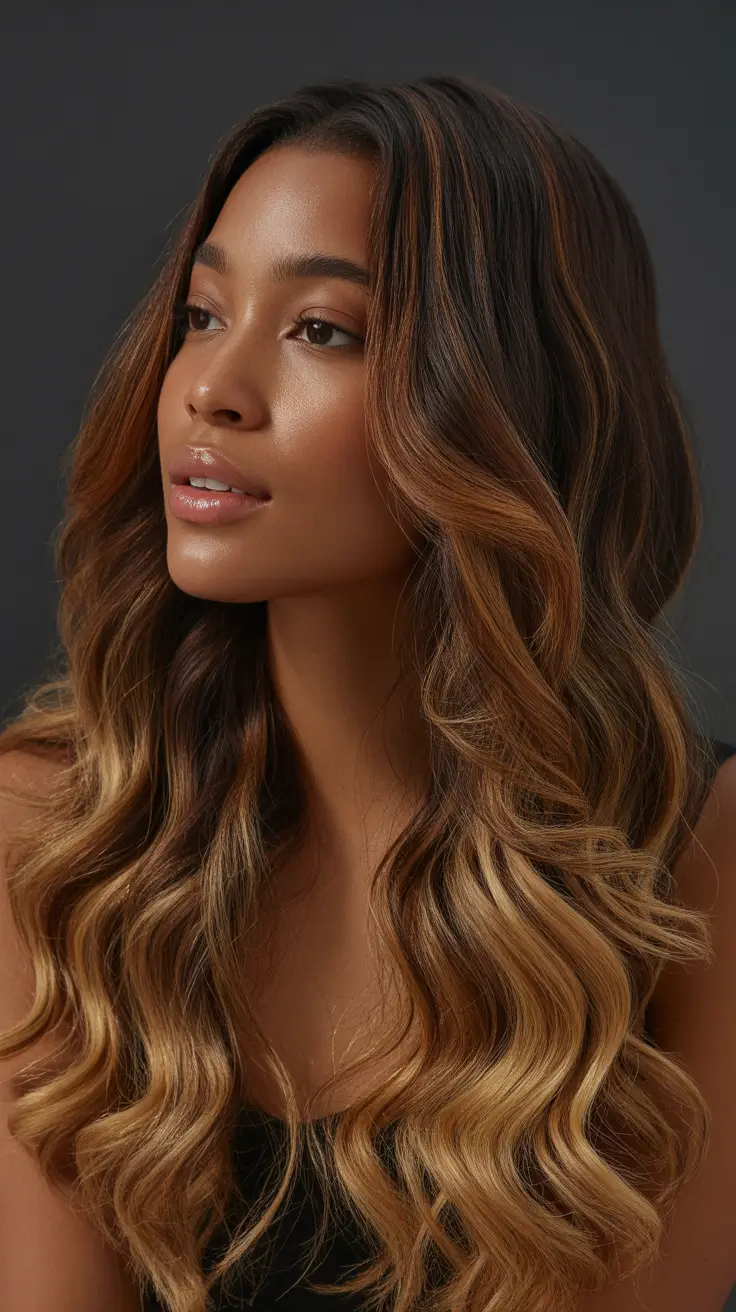 trendy spring hair color for dark skin 2026 Golden Caramel Ribbons