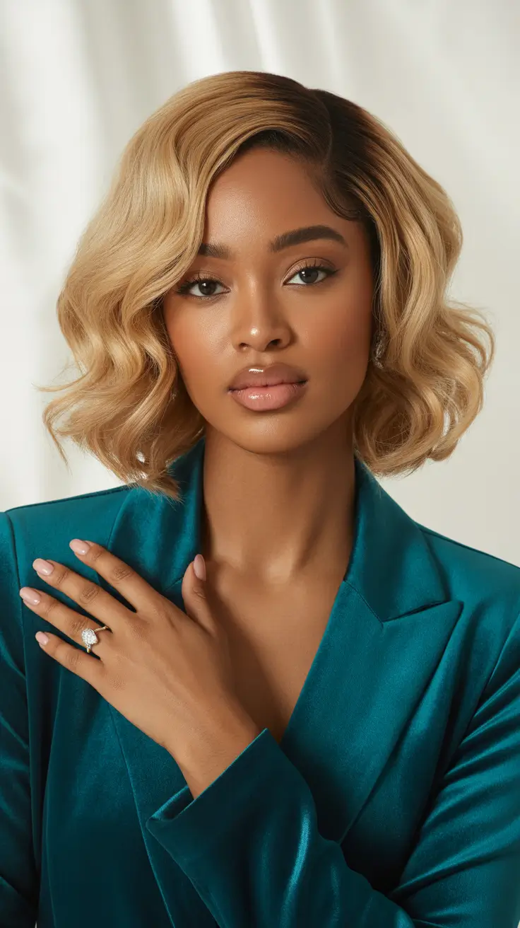 trendy spring hair color for dark skin 2026 Champagne Blonde Bob