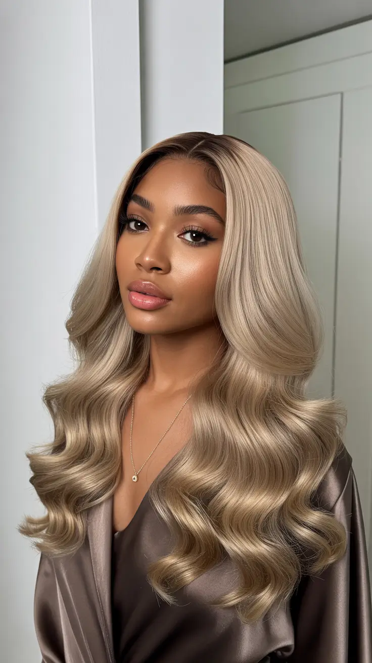 trendy spring hair color for dark skin 2026 Cool Beige Blonde Waves