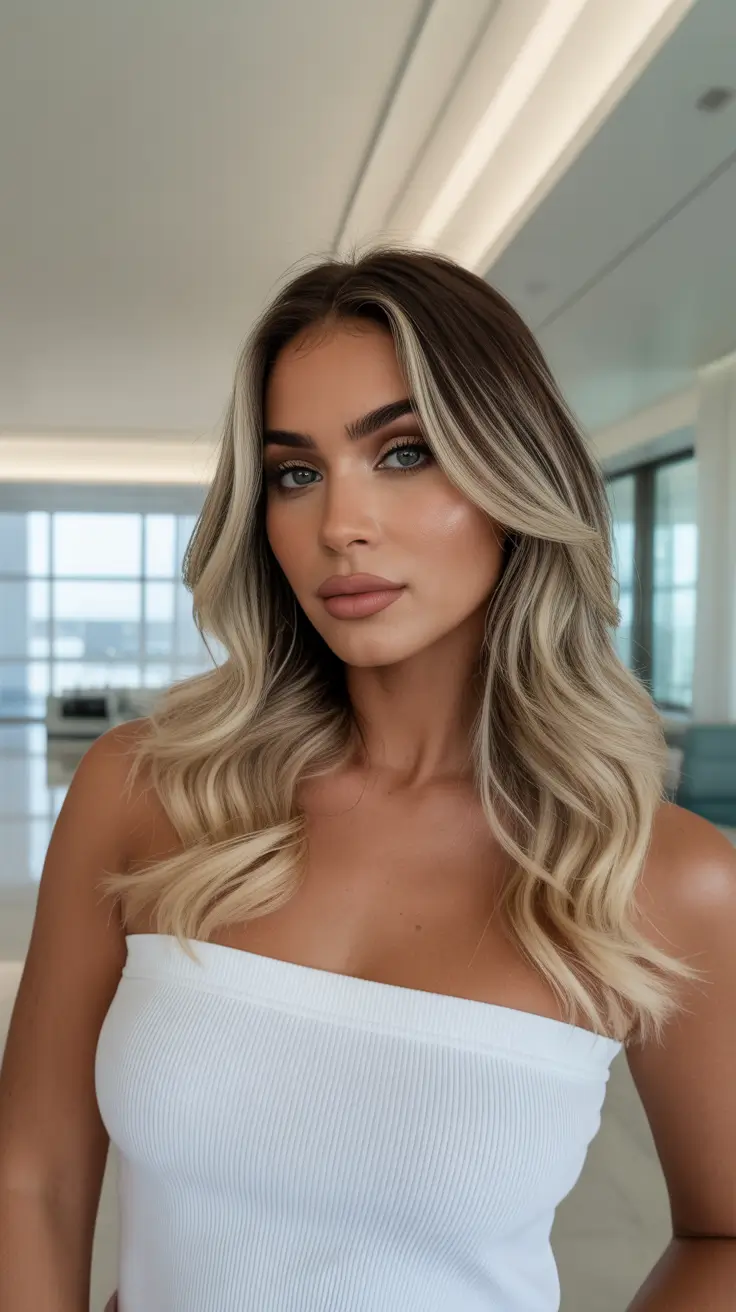 trendy spring hair color for tan skin 2026 Soft Root Melt with Bright Vanilla Ribbons