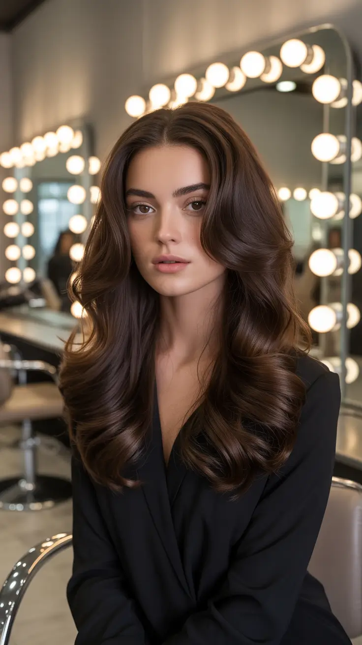 trendy spring hair color for tan skin 2026 Classic Espresso Gloss with Soft Spring Volume