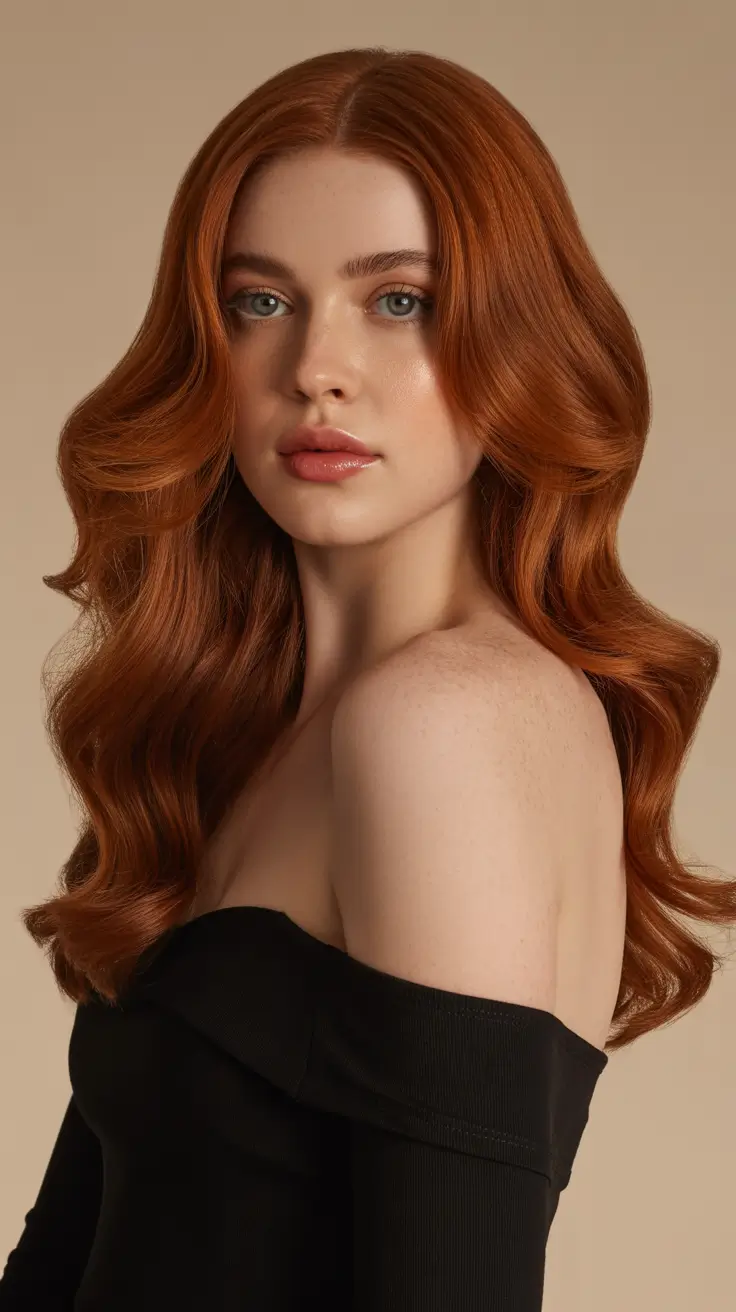 trendy spring hair color for tan skin 2026 Rich Copper Red with Soft Retro Waves