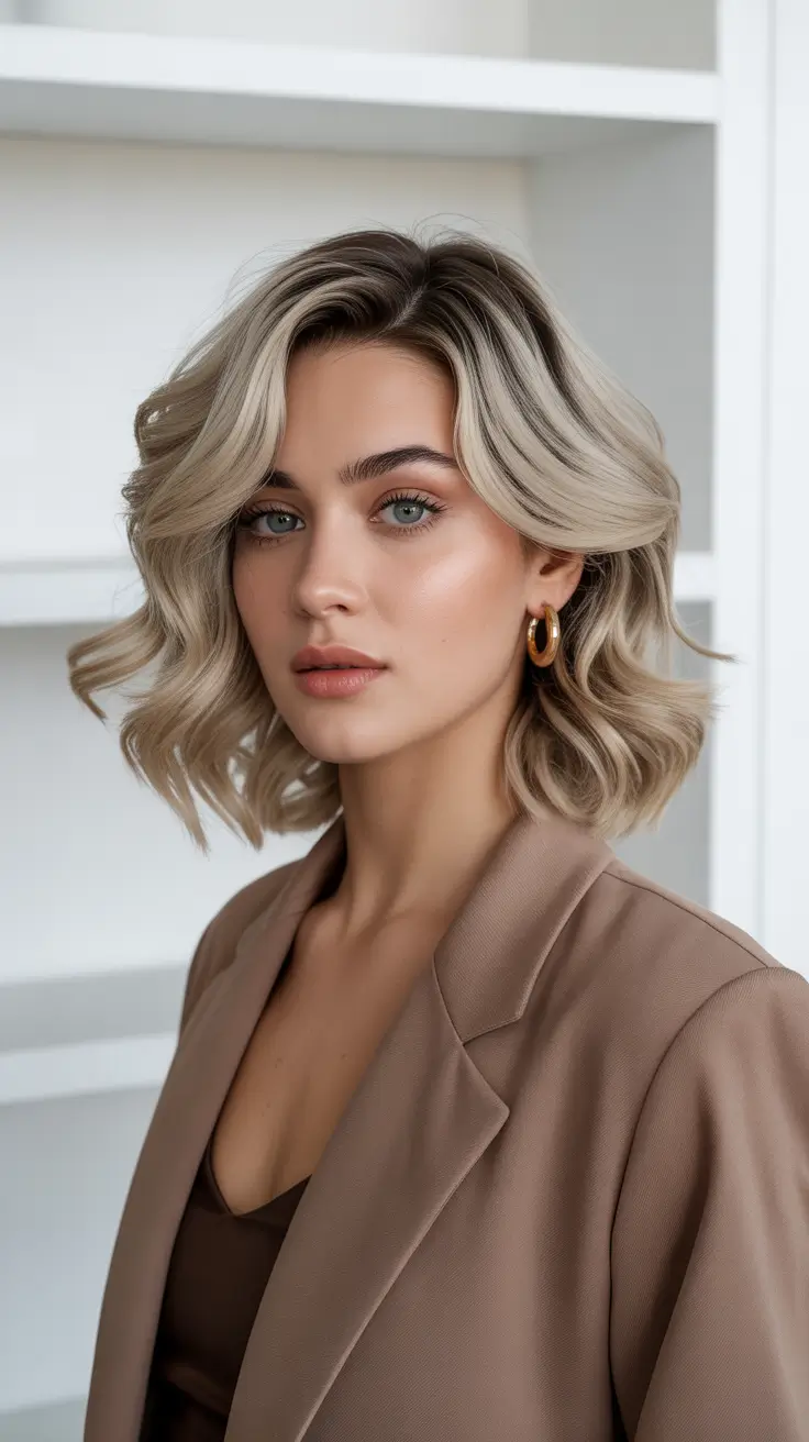 trendy spring hair color for tan skin 2026 Beige Balayage Bob with Modern Volume