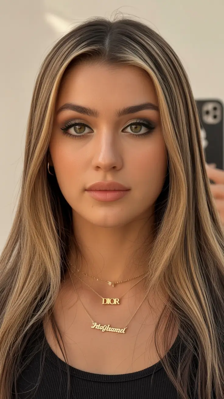 trendy spring hair color for tan skin 2026 Deep Brunette with High-Contrast Strands