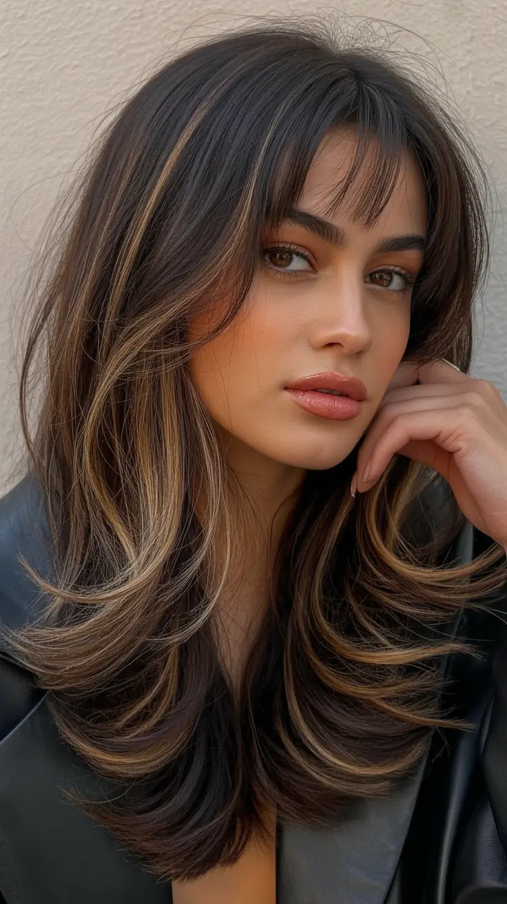 trendy spring hair color for tan skin 2026 Layered Brunette with Face-Framing Glow Lights