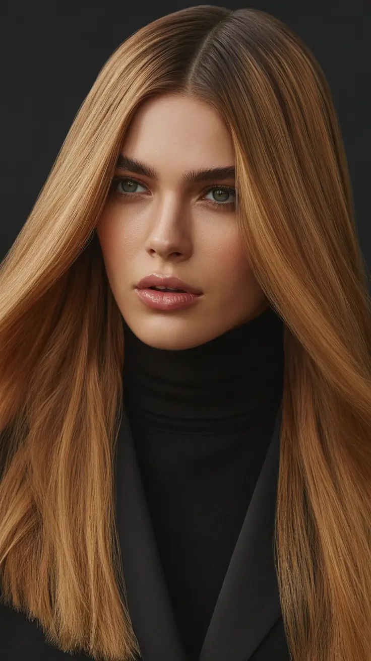 trendy spring hair color for tan skin 2026 Sleek Long Apricot-Brown Shine