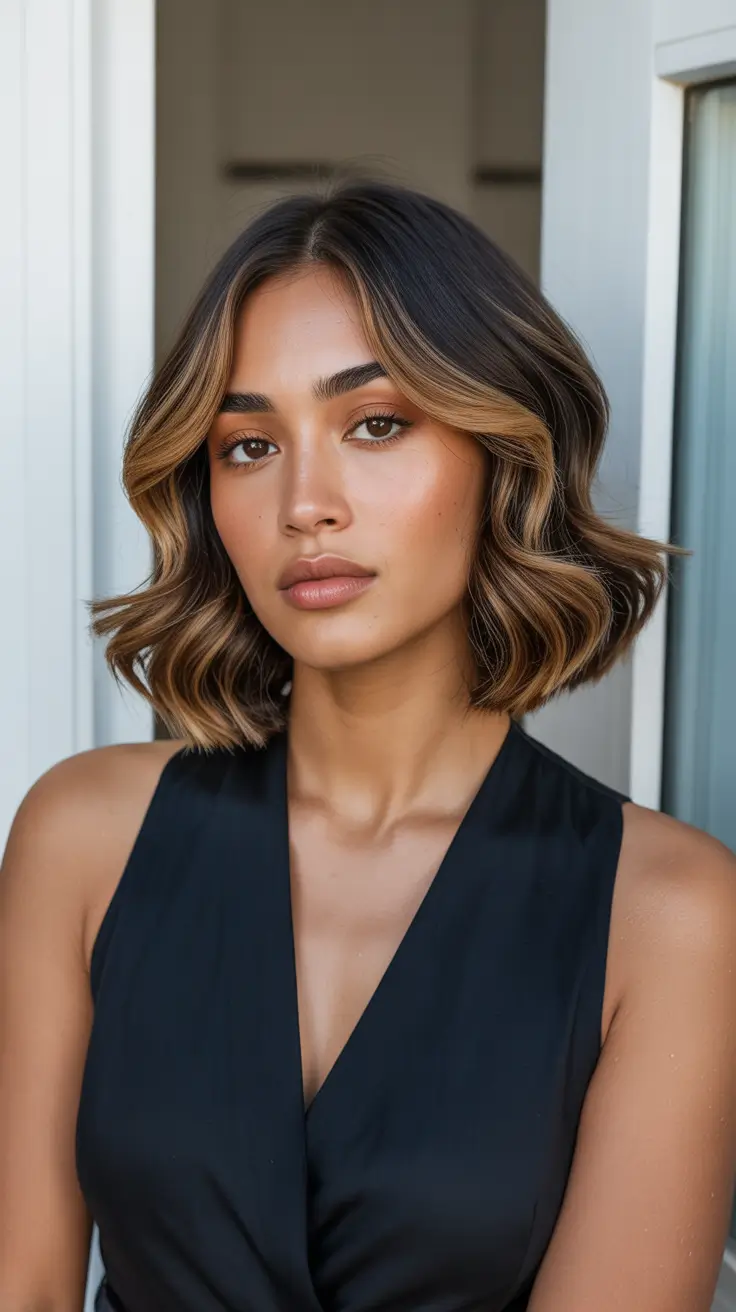 trendy spring hair color for tan skin 2026 Soft Caramel Contour Bob for Tan Skin