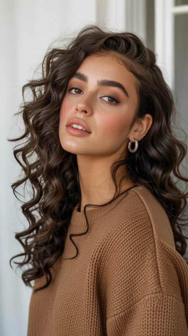 trendy spring hair color for tan skin 2026 Deep Brunette Curls with Natural Spring Warmth