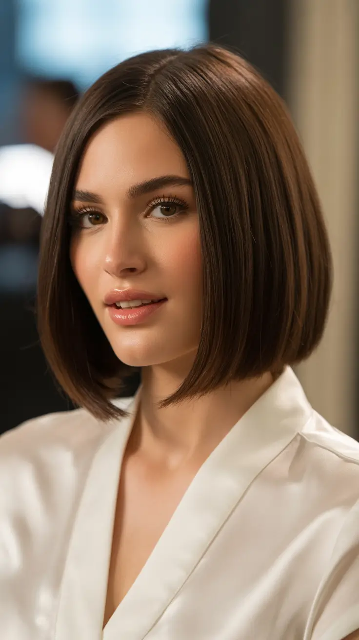 trendy spring short hairstyles 2026 Classic Blunt Chocolate Bob with Mirror Shine