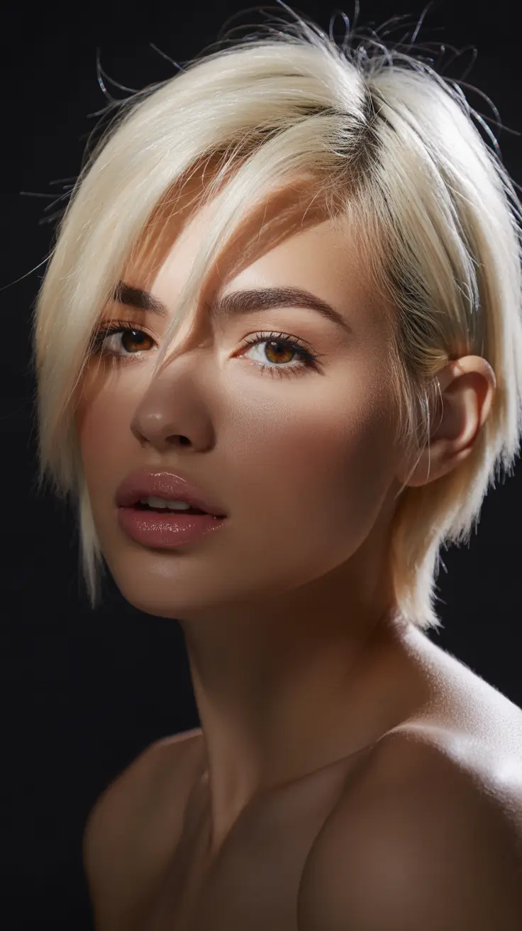 trendy spring short hairstyles 2026 Platinum Layered Pixie with Feathered Fringe