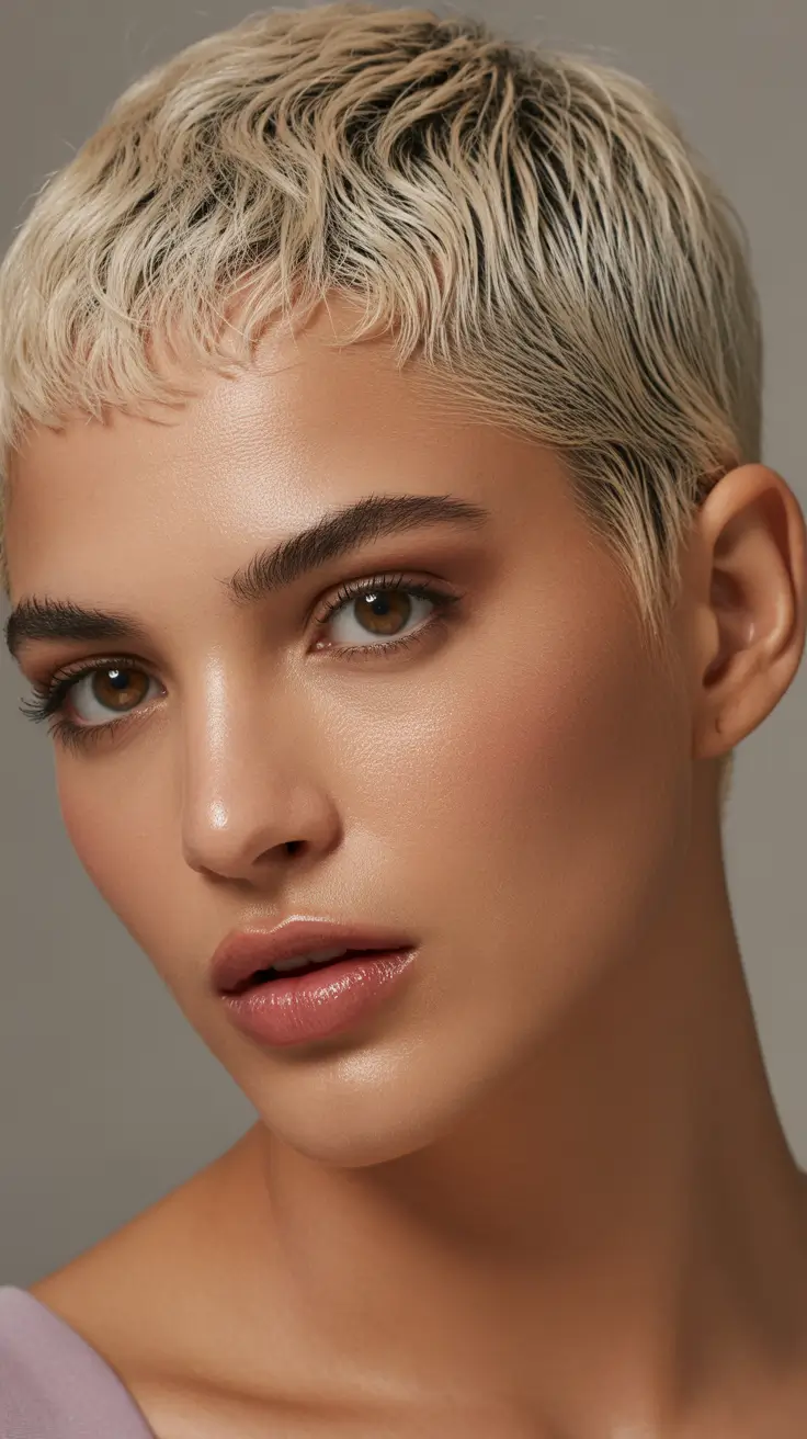 trendy spring short hairstyles 2026 Modern Platinum Micro Crop with Soft Texture