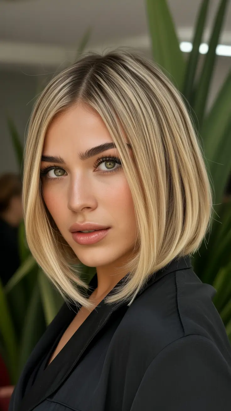 trendy spring short hairstyles 2026 Blunt Champagne Blonde Precision Bob