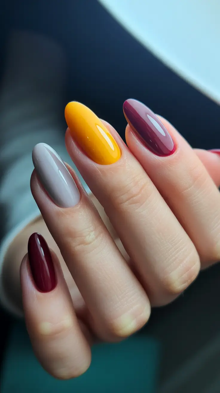 vibrant spring break nails 2026 Moody Mustard Plum Almond