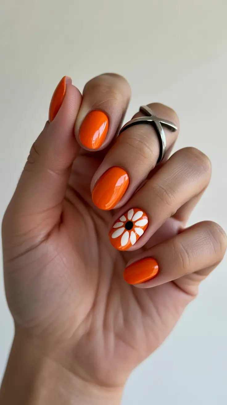vibrant spring break nails 2026 Orange Daisy Accent