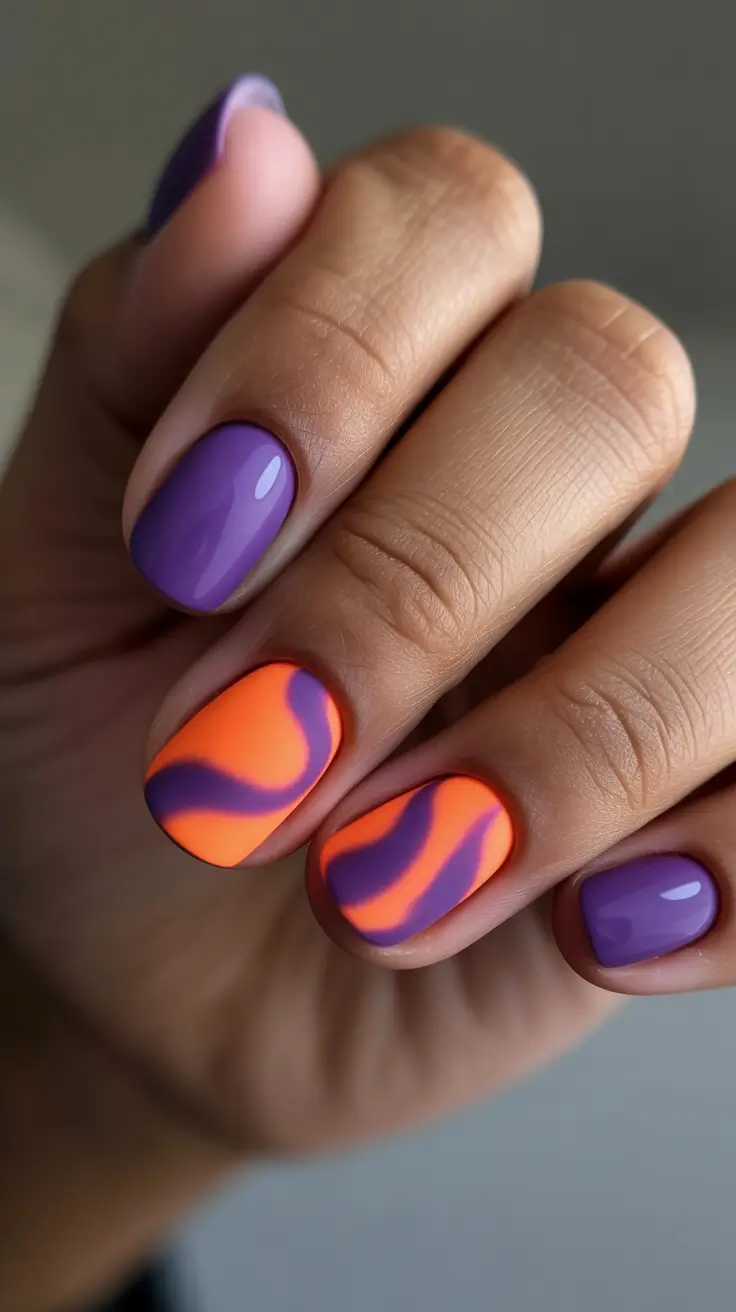 vibrant spring break nails 2026 Purple Orange Swirl