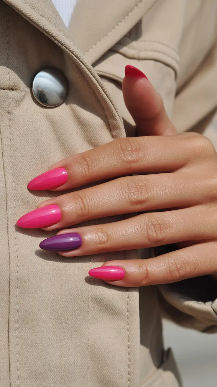 vibrant spring break nails 2026 Pink Violet Almond