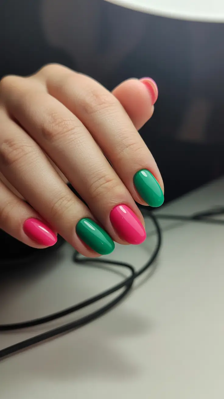 vibrant spring break nails 2026 Pink and Green Contrast