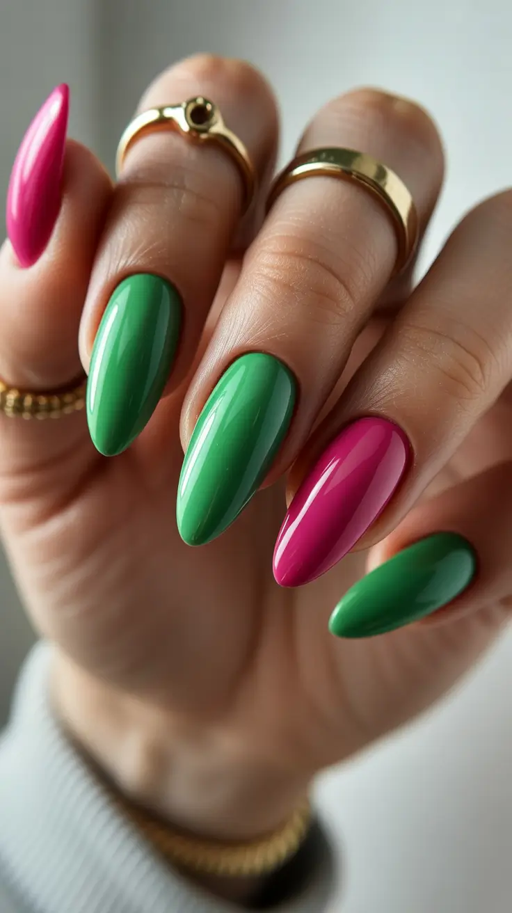 vibrant spring break nails 2026 Pink and Emerald Contrast