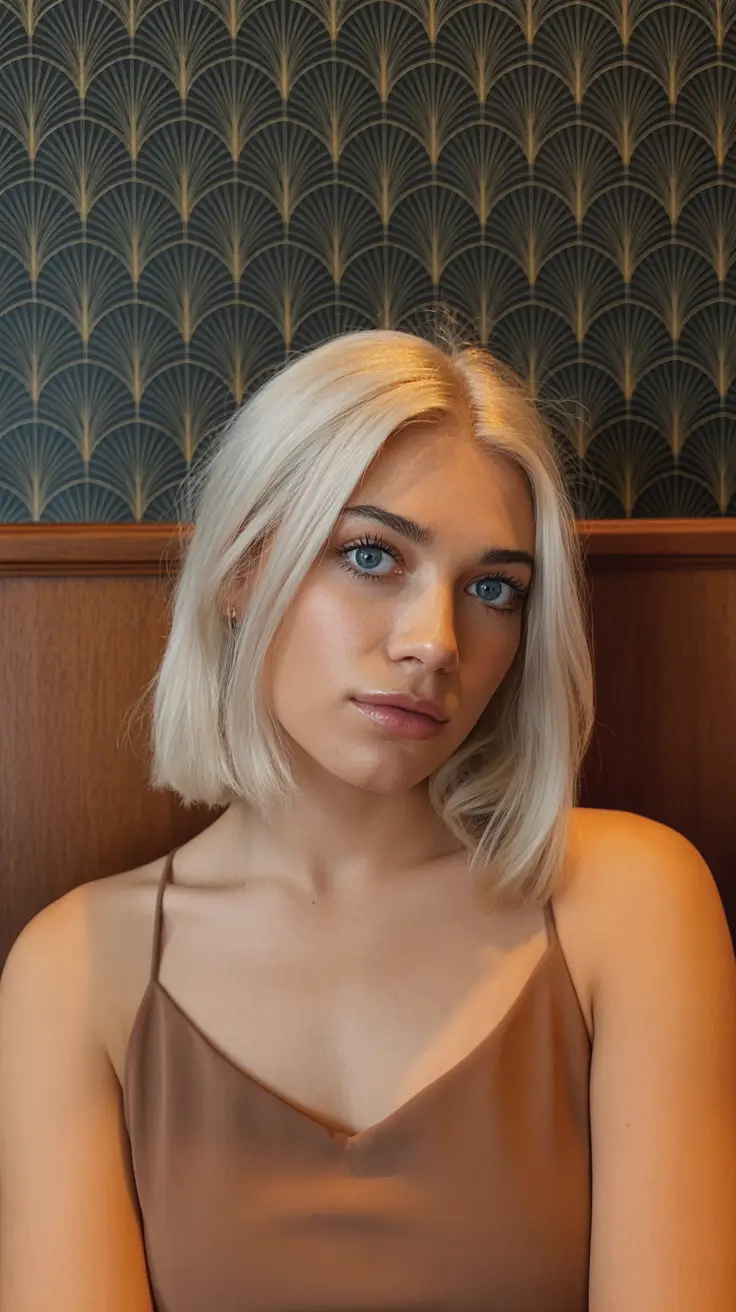 2026 summer hair color ideas Soft Pearl Blonde Bob With Retro Edge