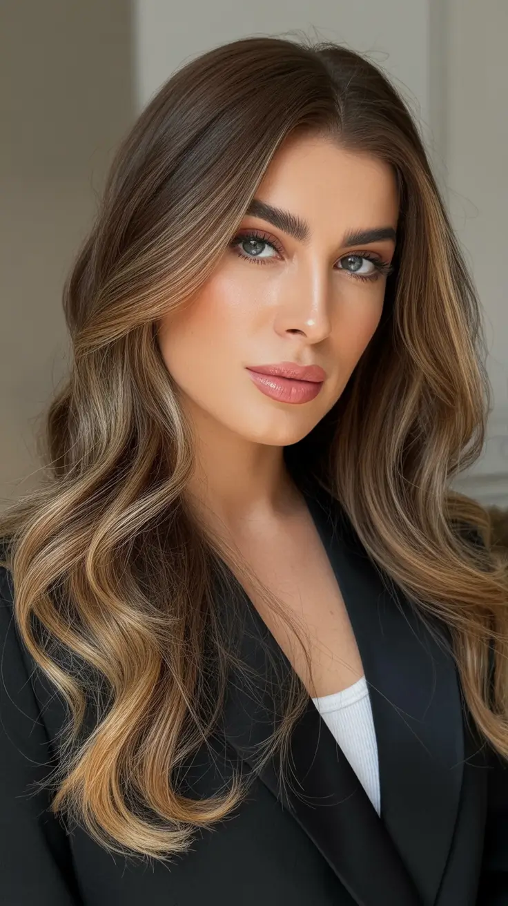 2026 summer hair color ideas Dimensional Brunette With Golden Balayage Waves