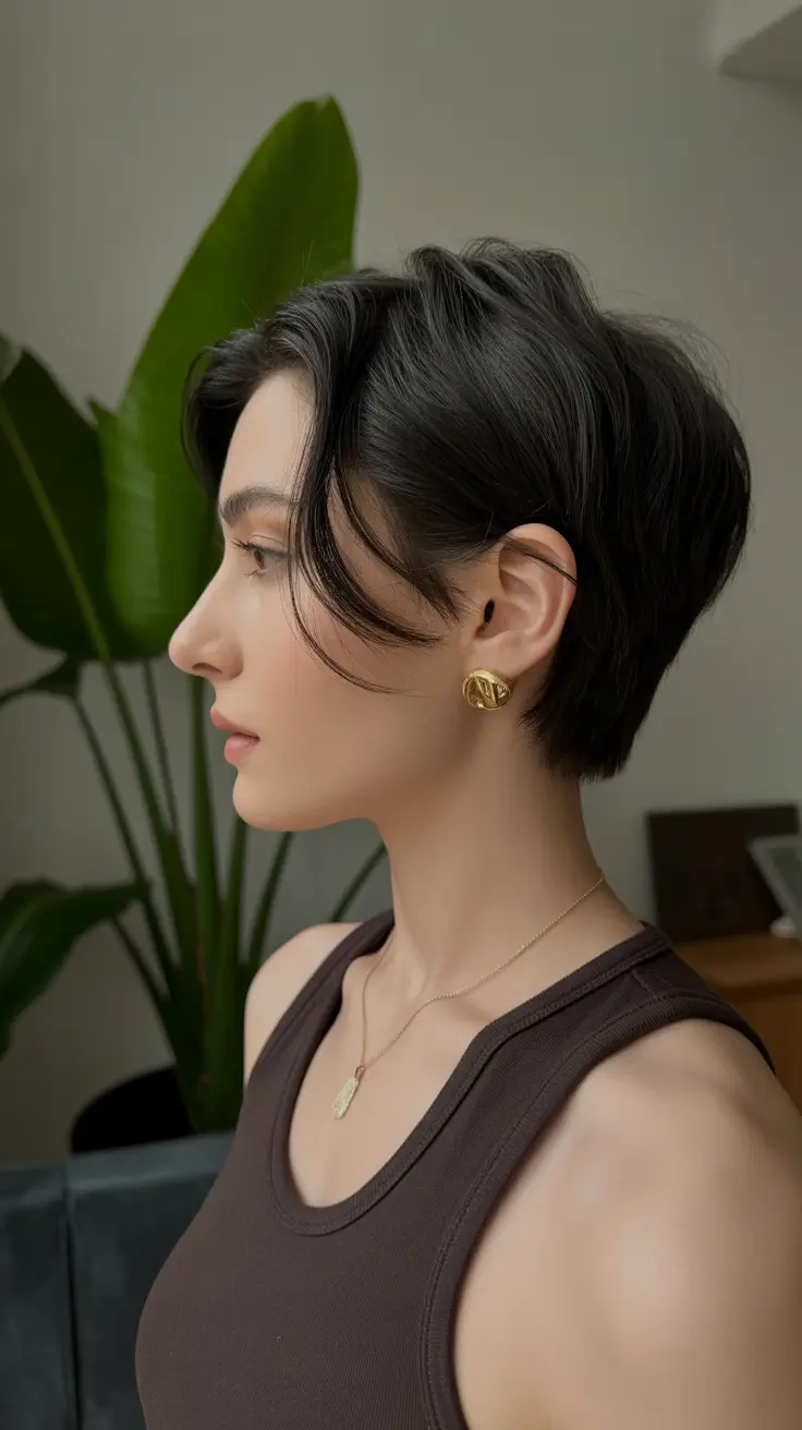 2026 summer hair color ideas Dark Espresso Pixie With Modern Edge