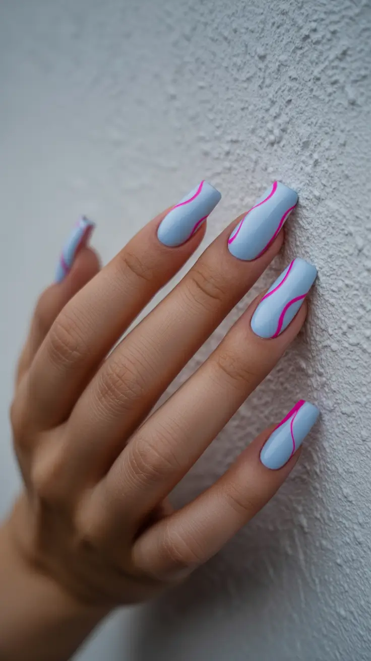 summer nail art ideas 2026 Sky Blue Graphic Wave Lines