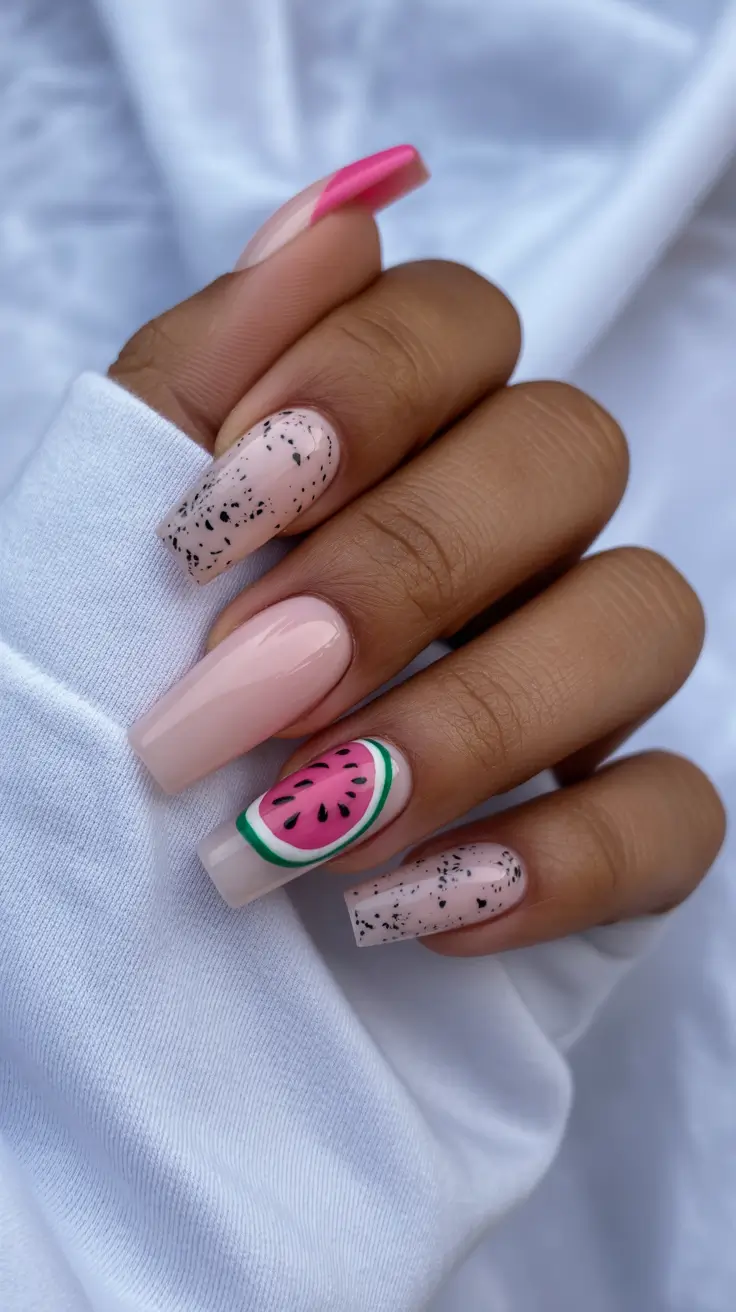 summer nail art ideas 2026 Watermelon Pop Coffin Glam