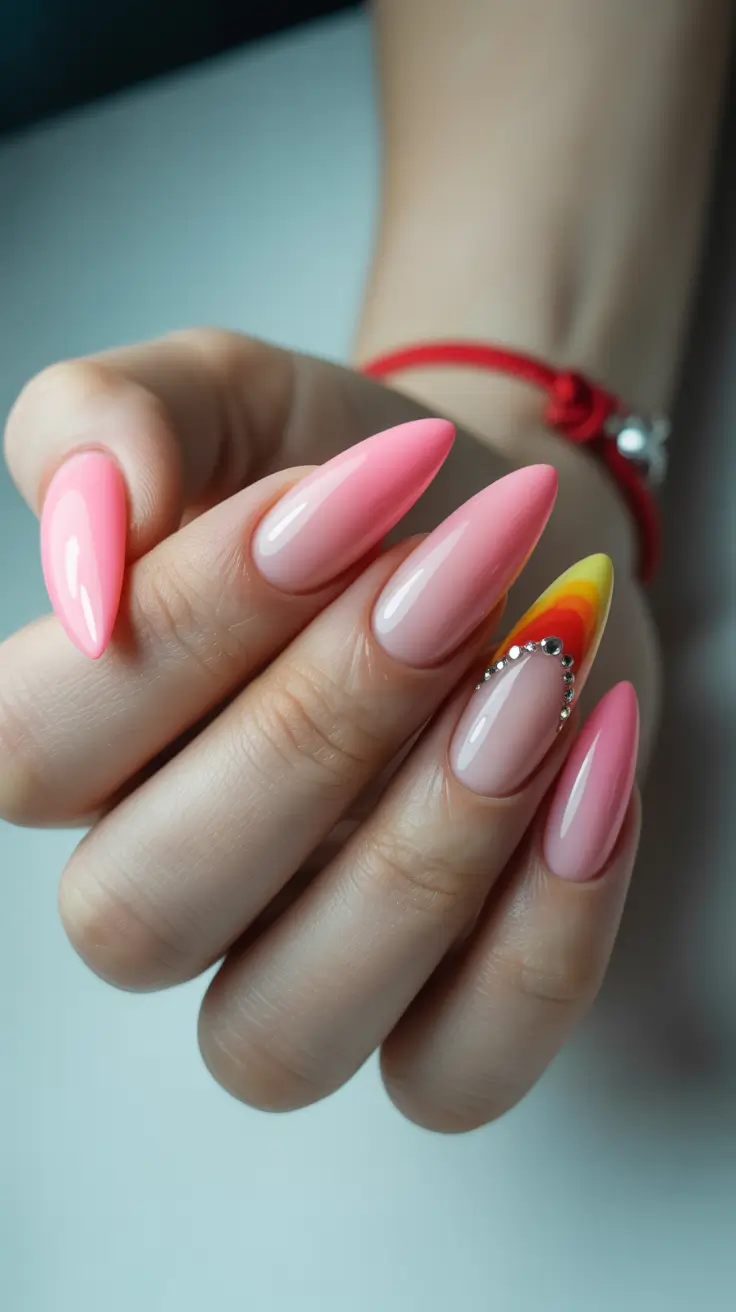 summer nail art 2026 Sunset Pink Stiletto with Crystal Curve