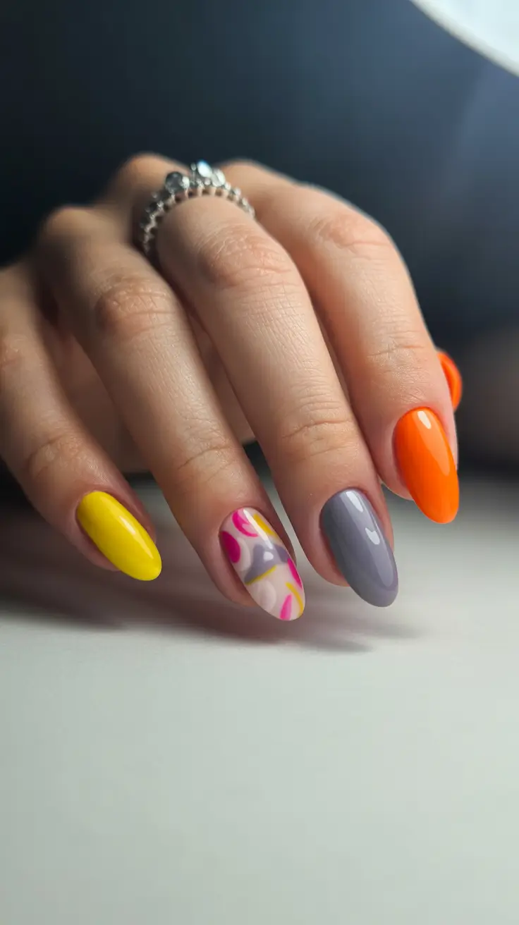 2026 summer nail colors ideas Playful Pop Art Almonds for a Colorful Mood