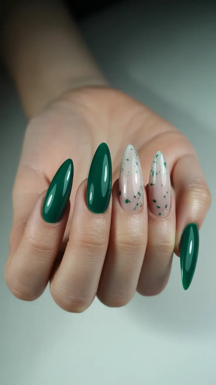 2026 summer nail colors ideas Deep Emerald Almonds with Speckled Neutral Accent
