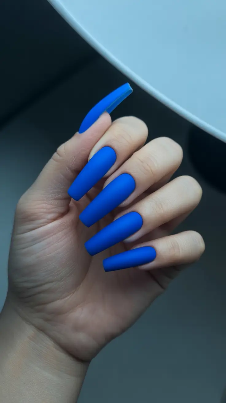 2026 summer nail colors ideas Matte Electric Blue Coffin Nails for Acrylic Bright Drama