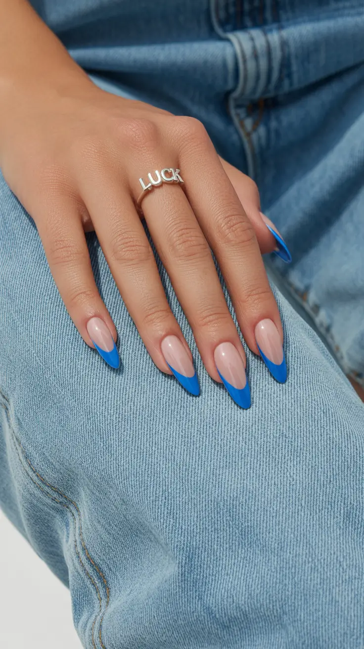 2026 summer nail colors ideas Minimal Blue Tip Almonds for Light Neutral Chic