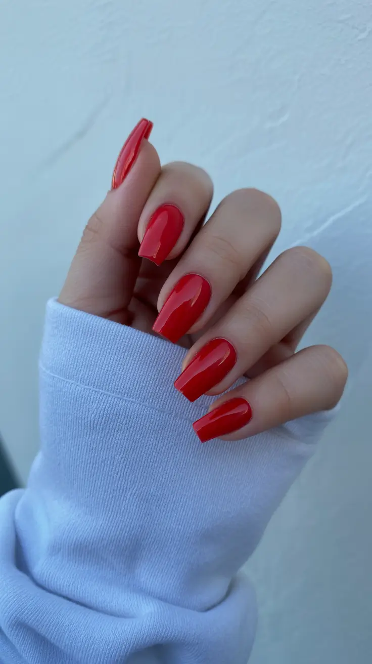 2026 summer nail colors ideas Glossy Classic Red Coffins for Solid Summer Confidence