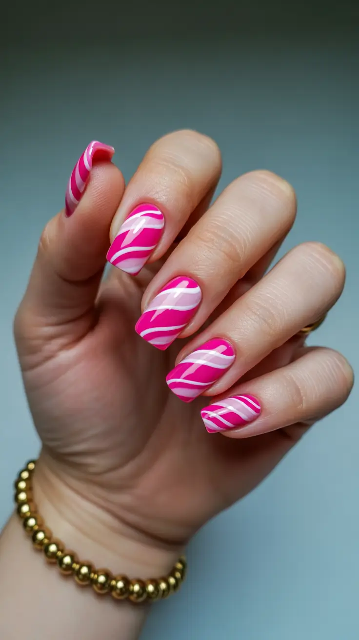 2026 summer nail colors ideas Swirled Bubblegum Waves for a Colorful Retro Twist