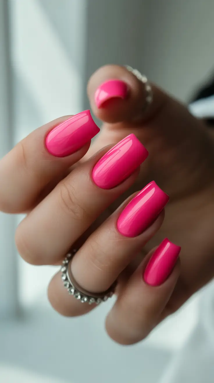 2026 summer nail colors ideas Glossy Fuchsia Squares for a Simple One Statement