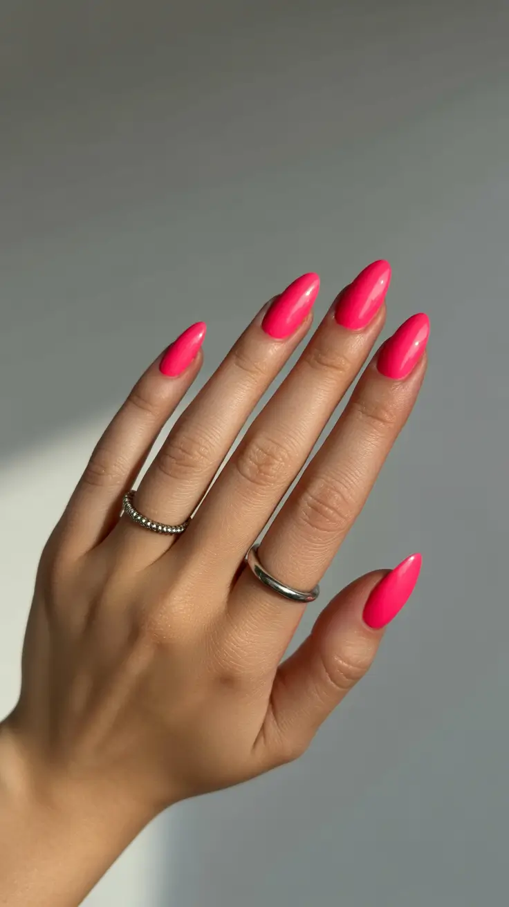 2026 summer nail inspo Hot Pink Power Almond for Sun-Drenched Confidence