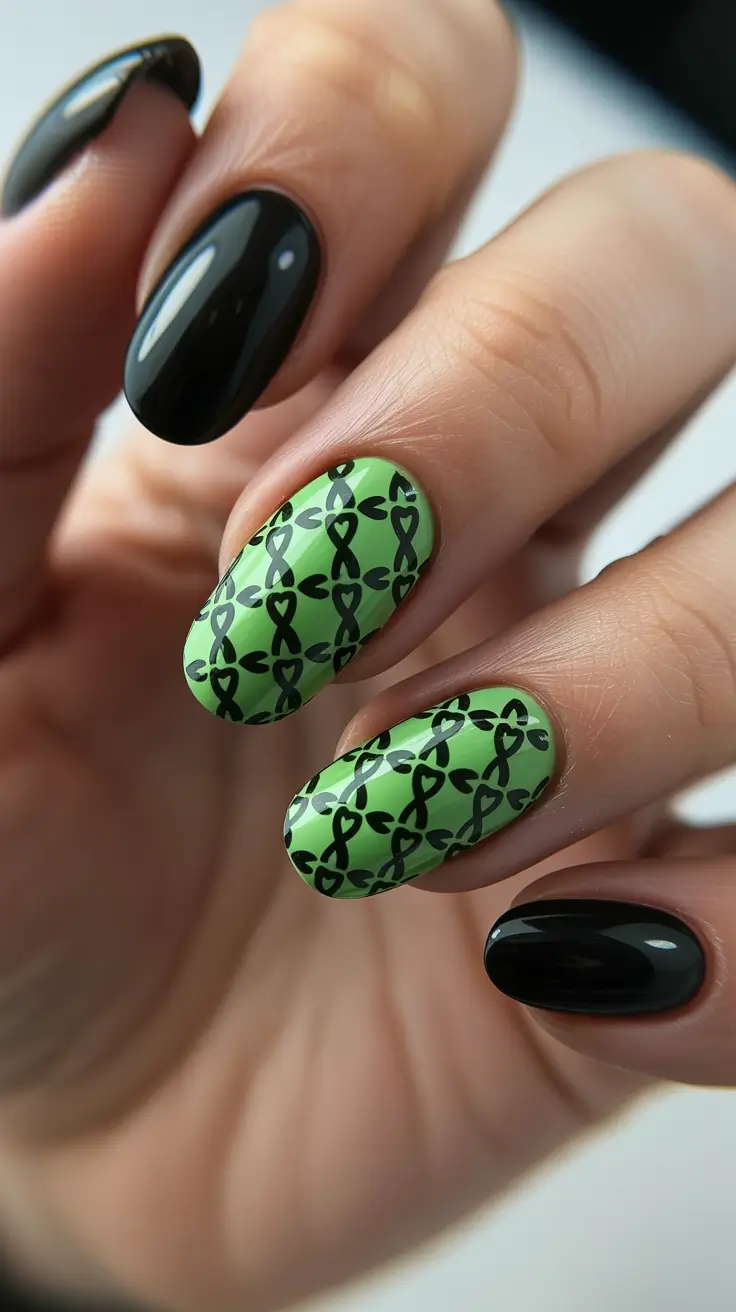 2026 summer nail inspo Graphic Green Pattern Play with High-Contrast Black