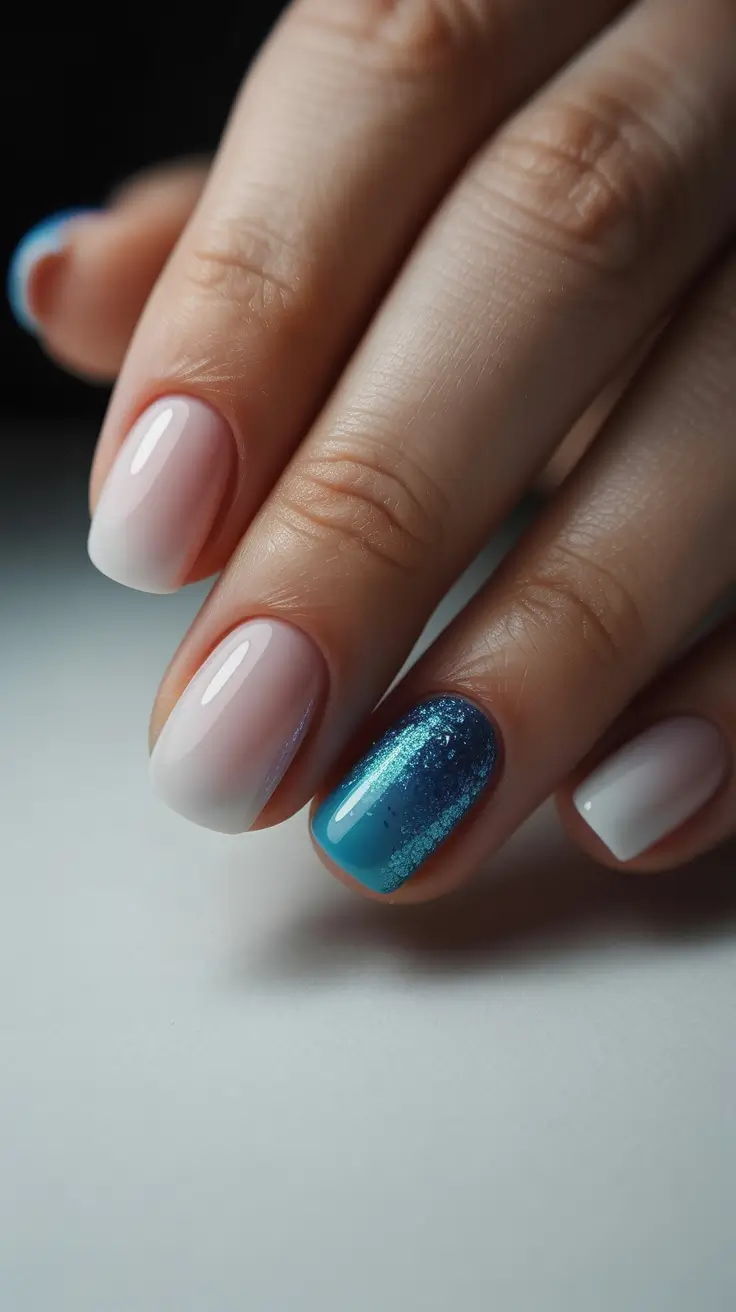 2026 summer nail inspo Soft Nude Meets Ocean Sparkle for Effortless Short Chic