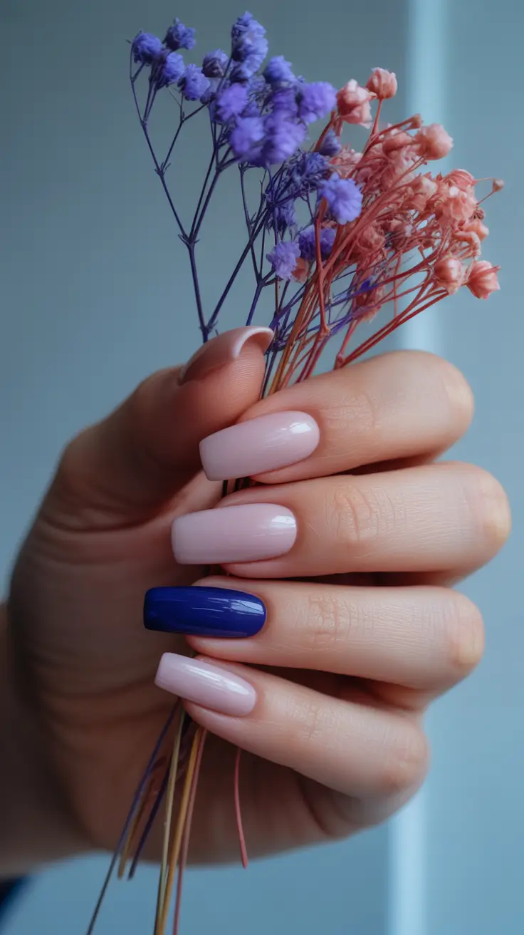 2026 summer nail inspo Soft Milk Nude with Cobalt Accent for Romantic Contrast