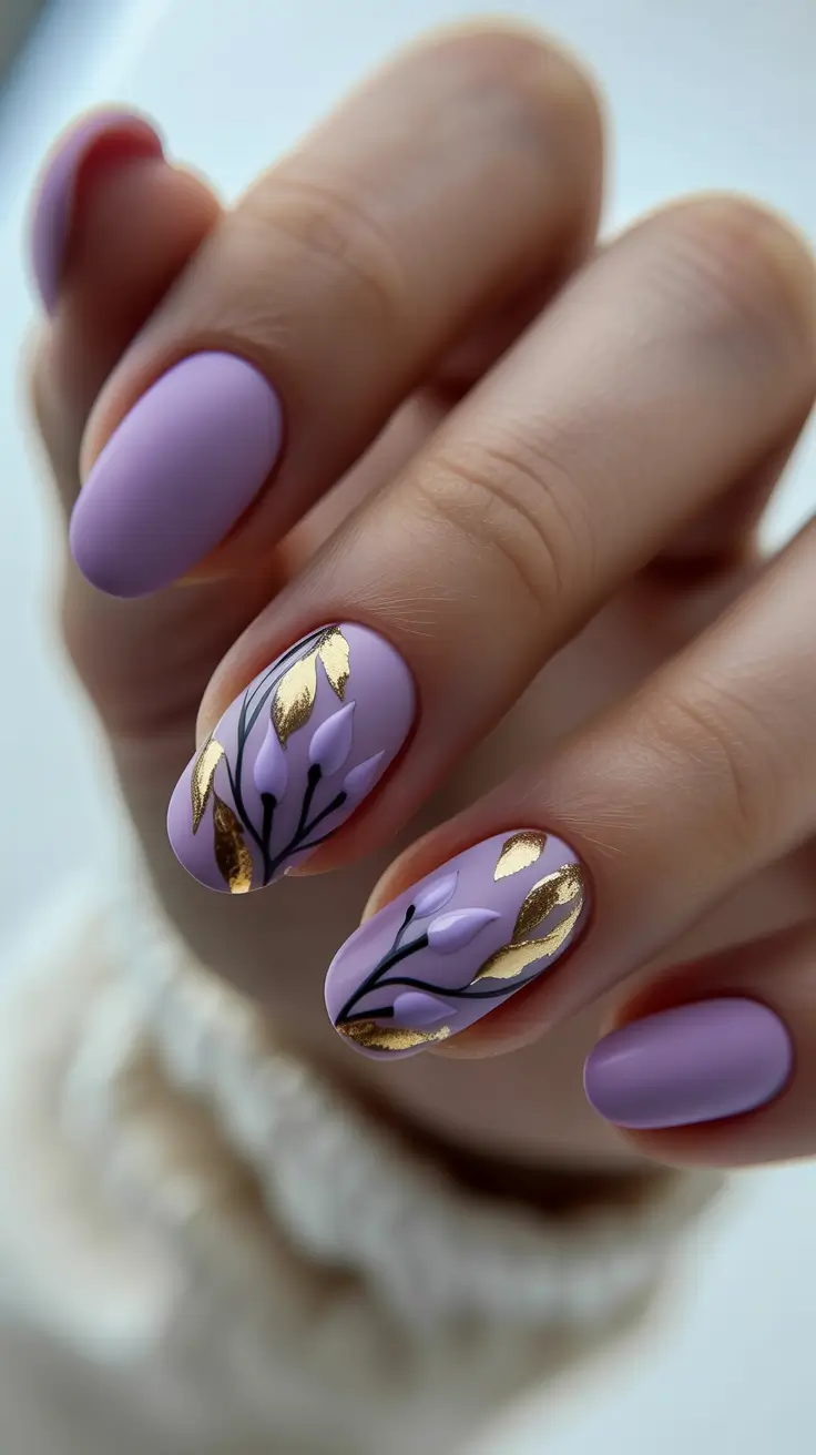 2026 summer nail inspo Lavender Botanical Matte Nails with Golden Whisper