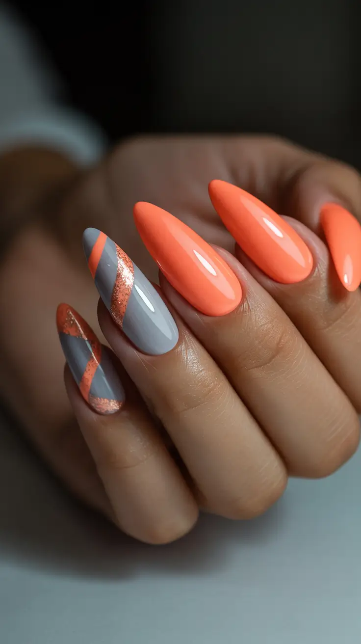 2026 summer nail inspo Modern Peach Geometry with Metallic Swirls