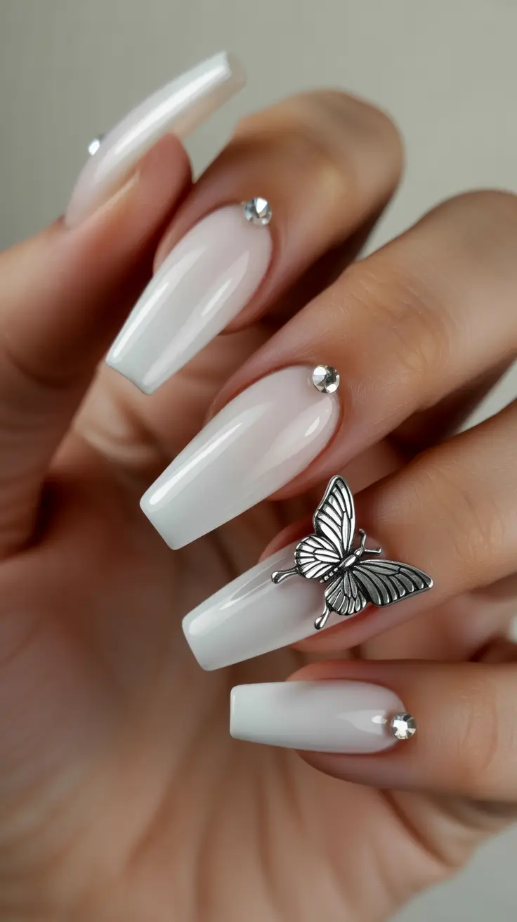 chic spring coffin nails 2026 White Rhinestone Elegance
