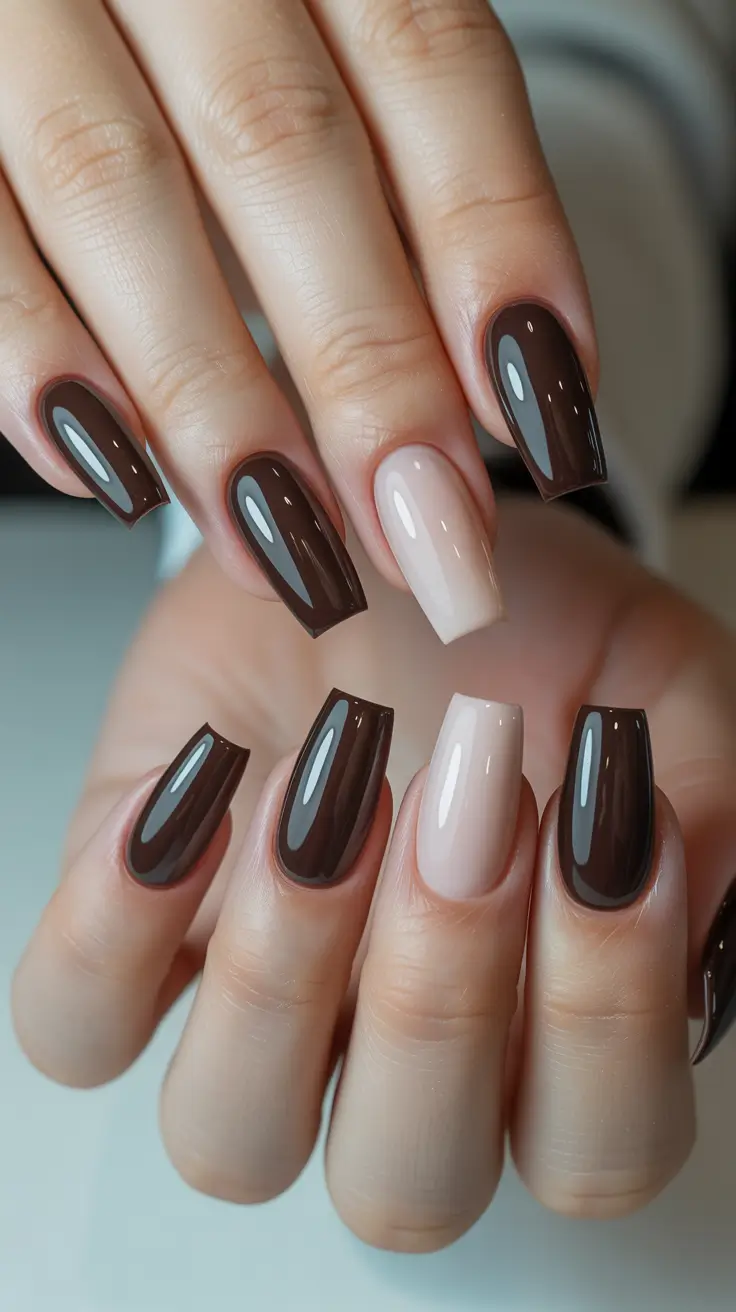 chic spring coffin nails 2026 Chocolate and Nude Accent