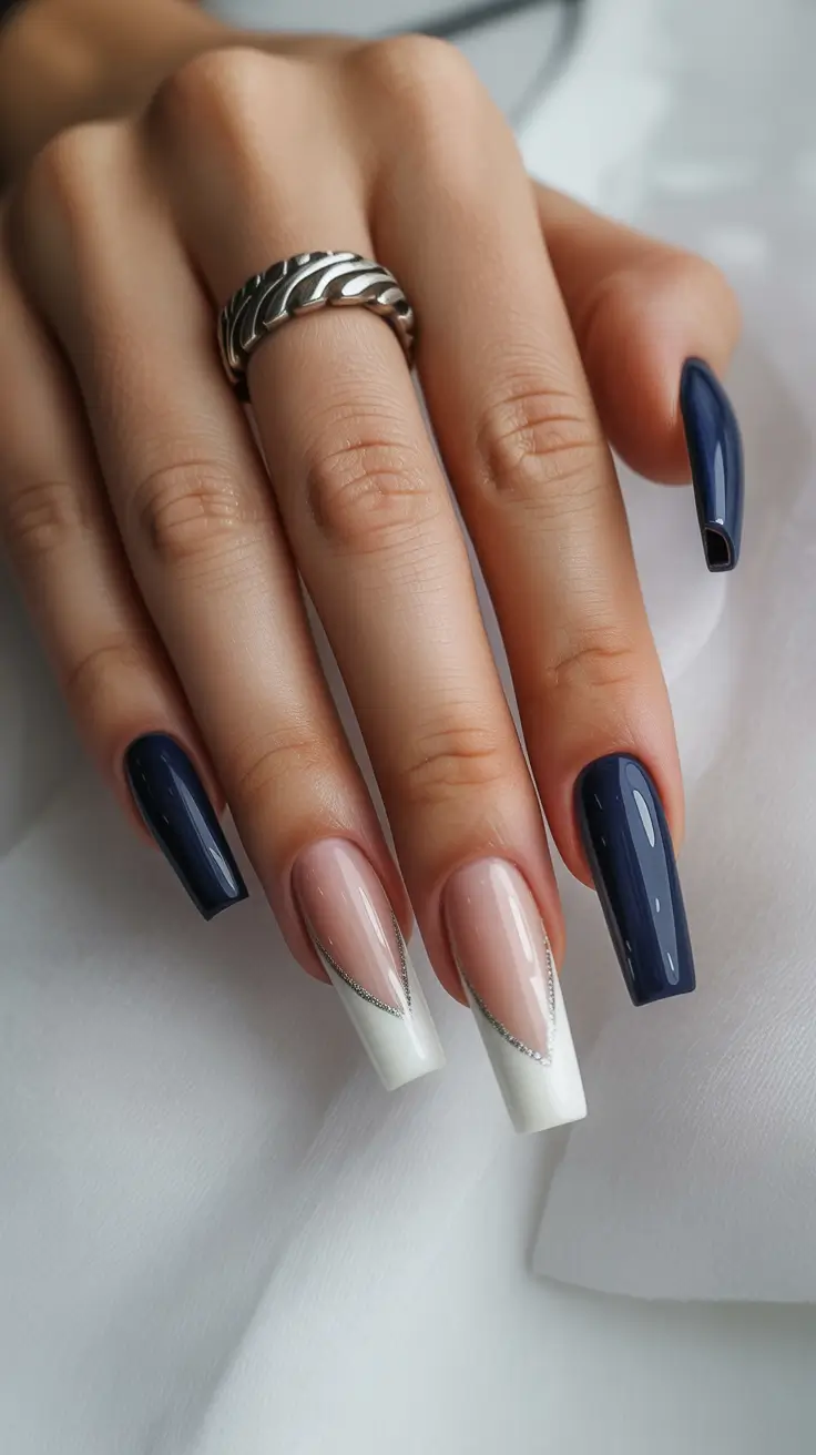 chic spring coffin nails 2026 French V-Cut Navy