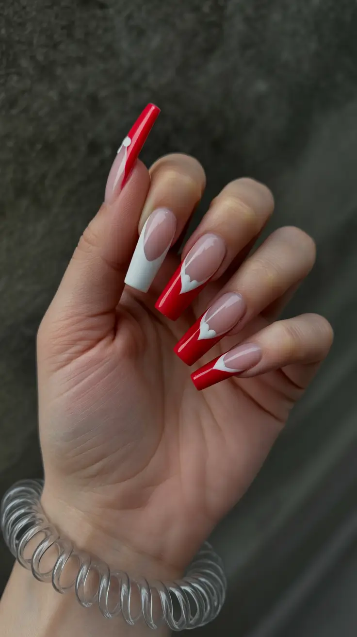 chic spring coffin nails 2026 Red and White Accents