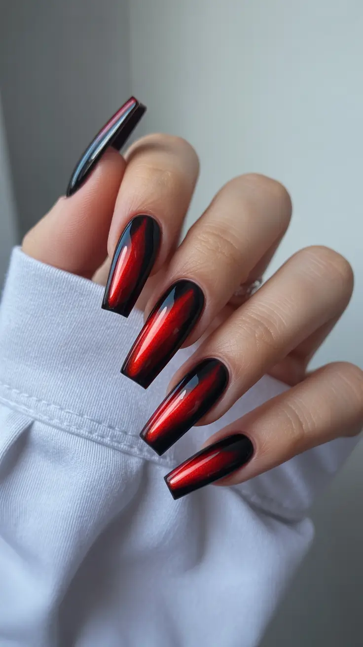 chic spring coffin nails 2026 Fiery Red-Black