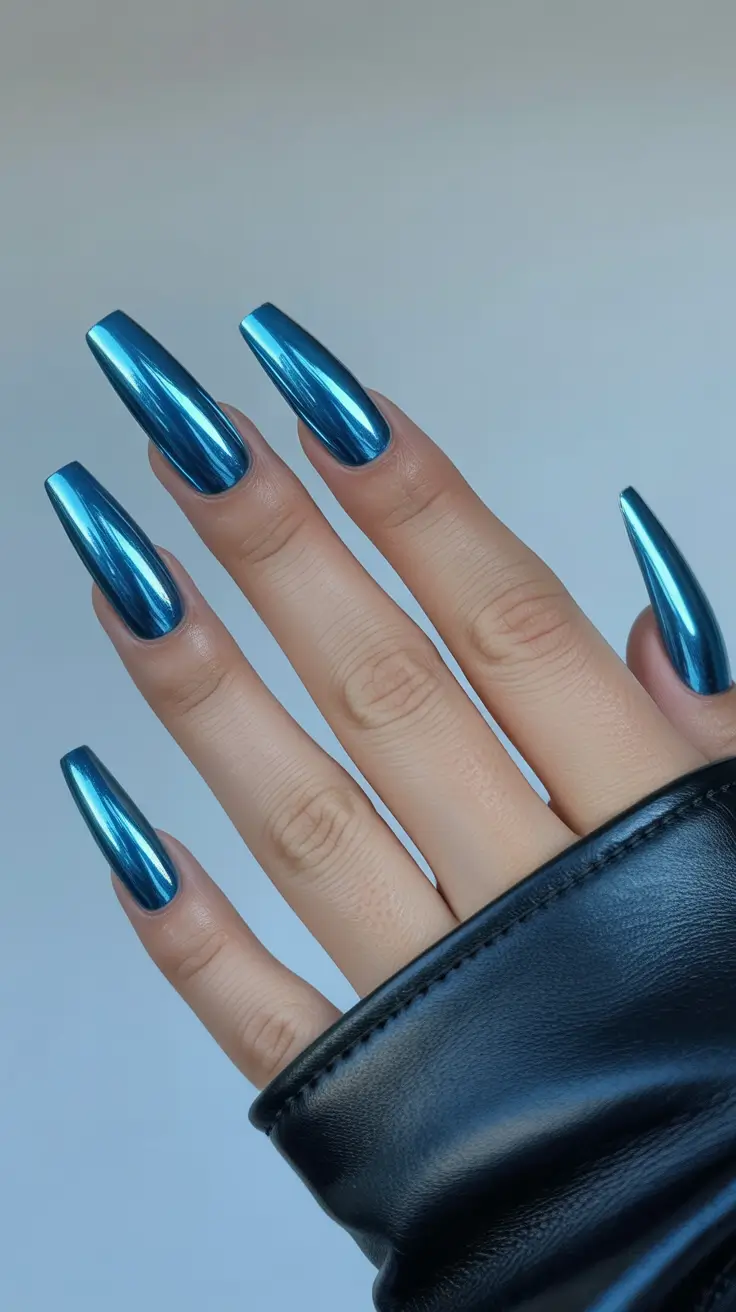 chic spring coffin nails 2026 Chrome Blue Nails