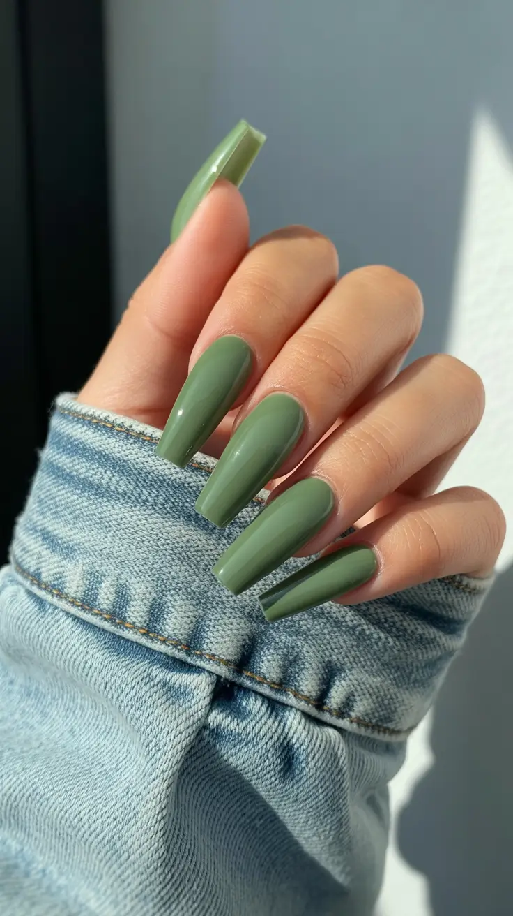 chic spring coffin nails 2026 Olive Green Nails