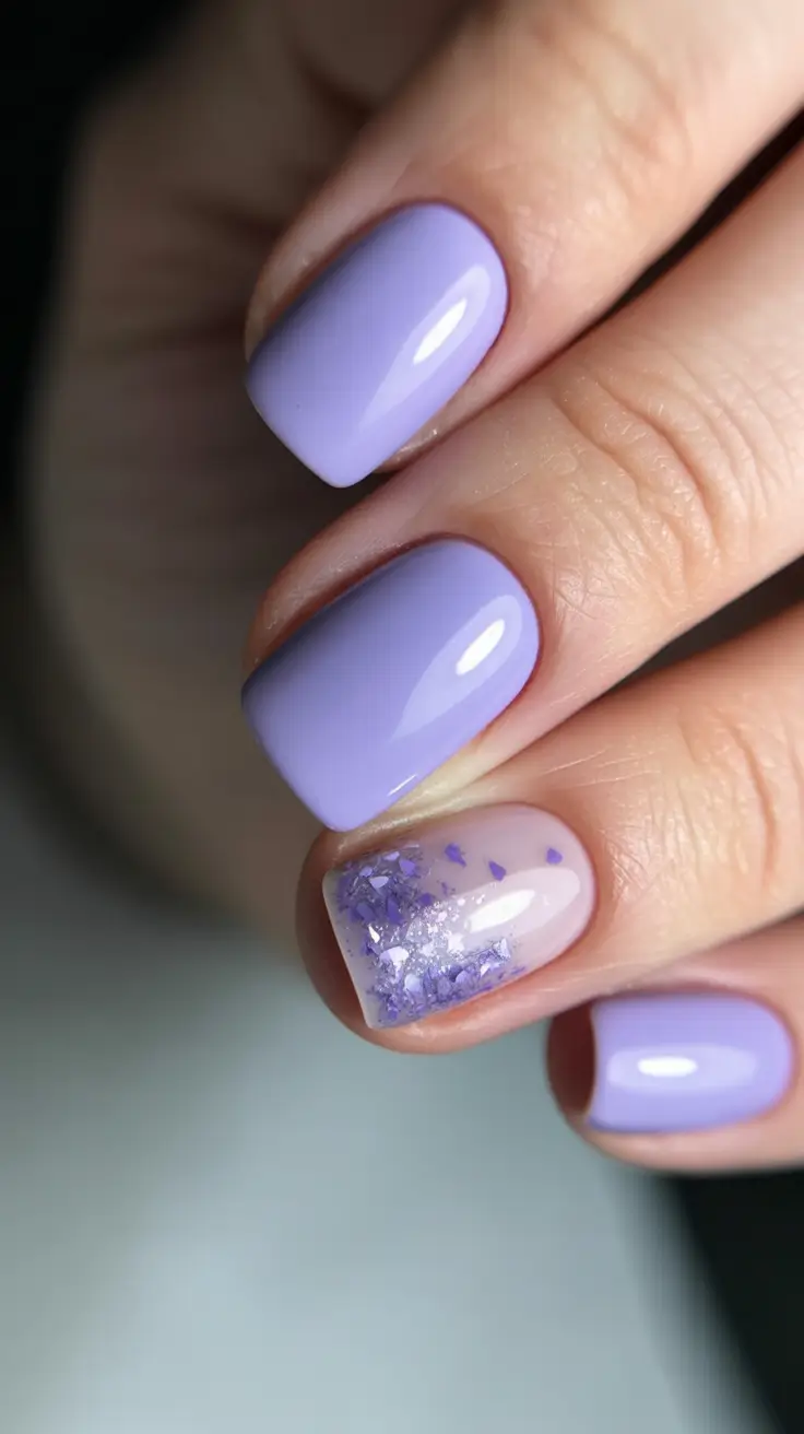 dreamy spring wedding nails 2026 Soft Lavender Square Nails with Petal-Like Glitter Accents